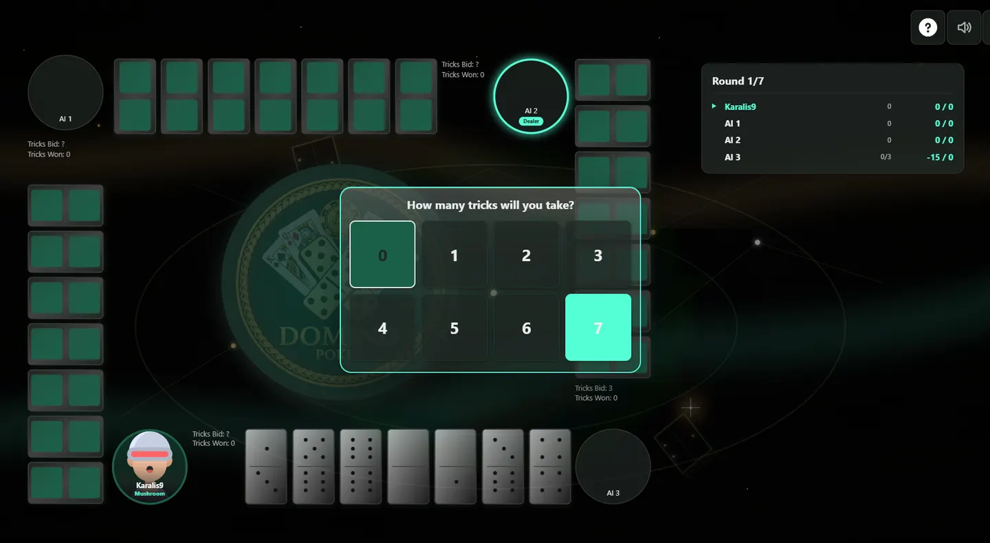 A single-player table during bidding, with the bid dialog open and the numbers 0 to 7 to choose from.