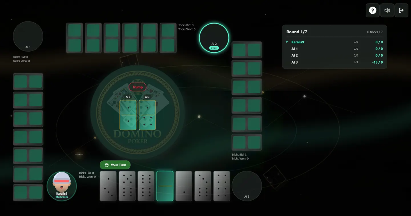 A single-player table mid-trick, showing the trump marker, two played tiles in the centre and the player's own tiles along the bottom.